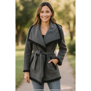 PAINC’S WOOL CASHMERE BELTED COAT SHAWL COLLAR BEADED TRIM ITALIAN LUXURY 46-10